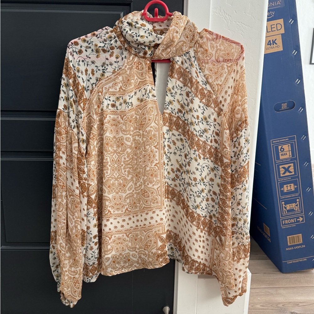 Vici Keyhole Mix Print Mock Neck Blouse